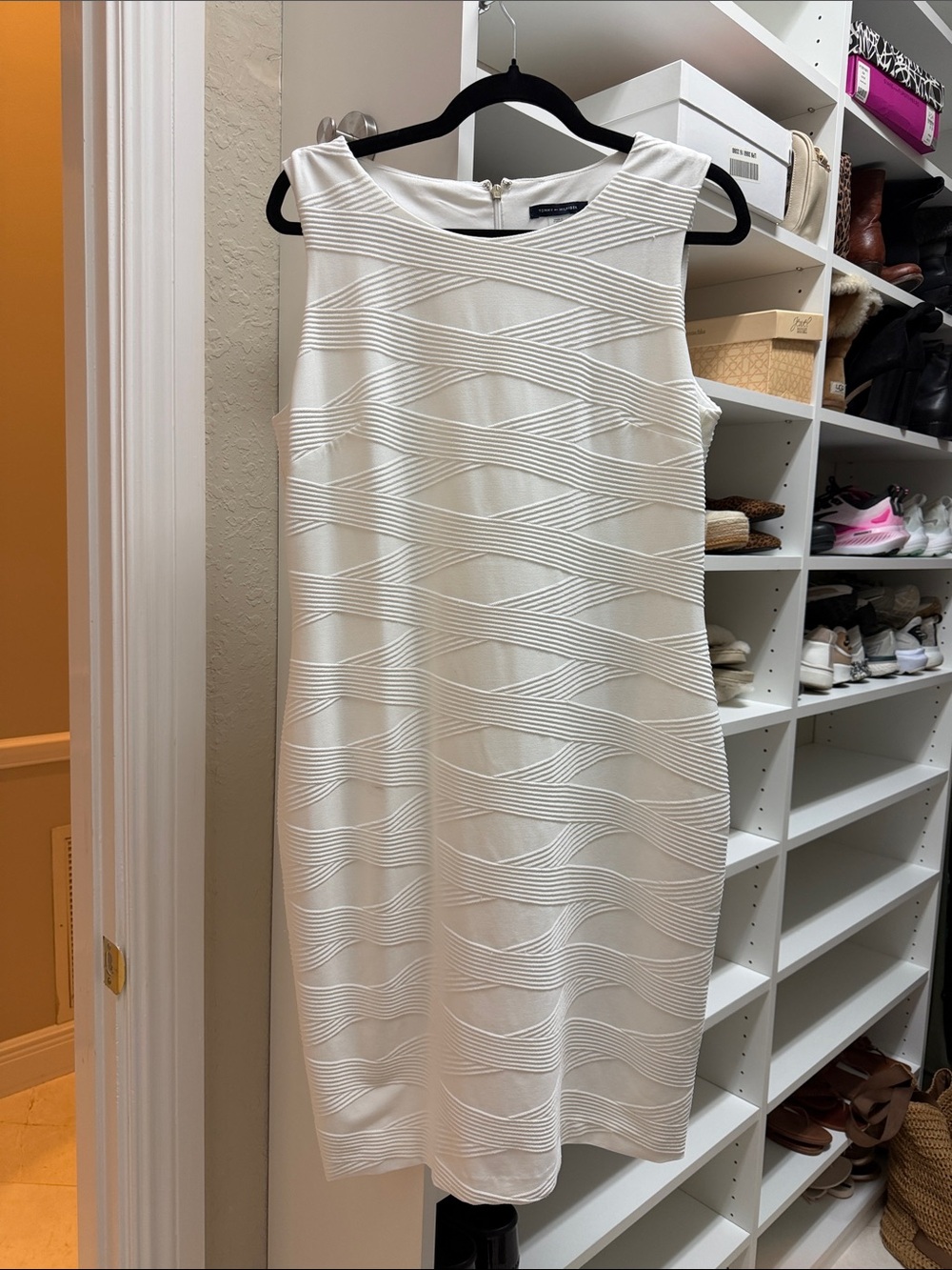 Sleeveless White Textured Shift Dress by Tommy Hilfiger